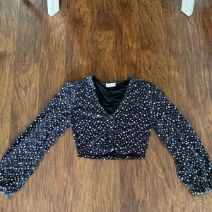 Star Print Black Sparkle V-Neck Crop Top